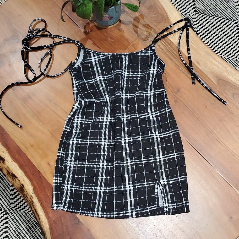 Black and White Plaid Tartan Mini Slip Dress